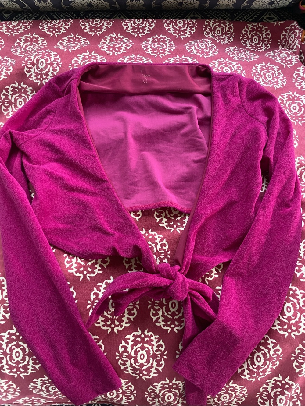 Seea Magenta Wrap Tie-Front Cropped Cardigan Top in terry cloth lycra